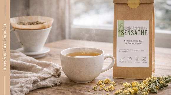 Infusion de bouillon-blanc filtrée en phytothérapie traditionnelle pour profiter des bienfaits du molène pour apaiser la toux sèche, la gorge irritée et les bronches - Herboristerie Sensathé